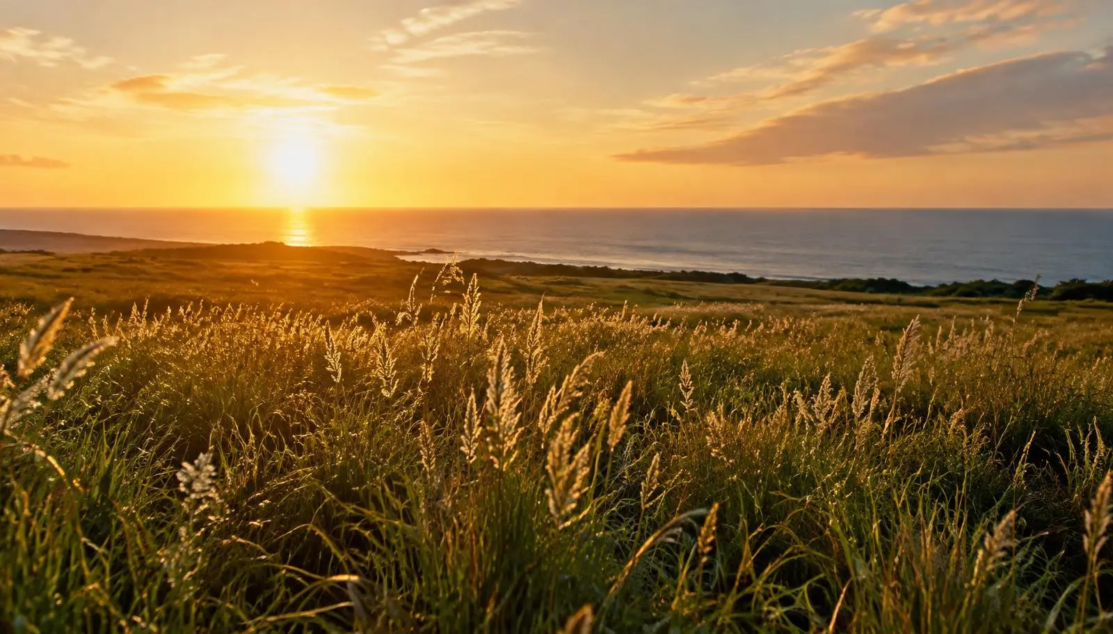 Sunlit grassy meadow by the ocean at golden hour